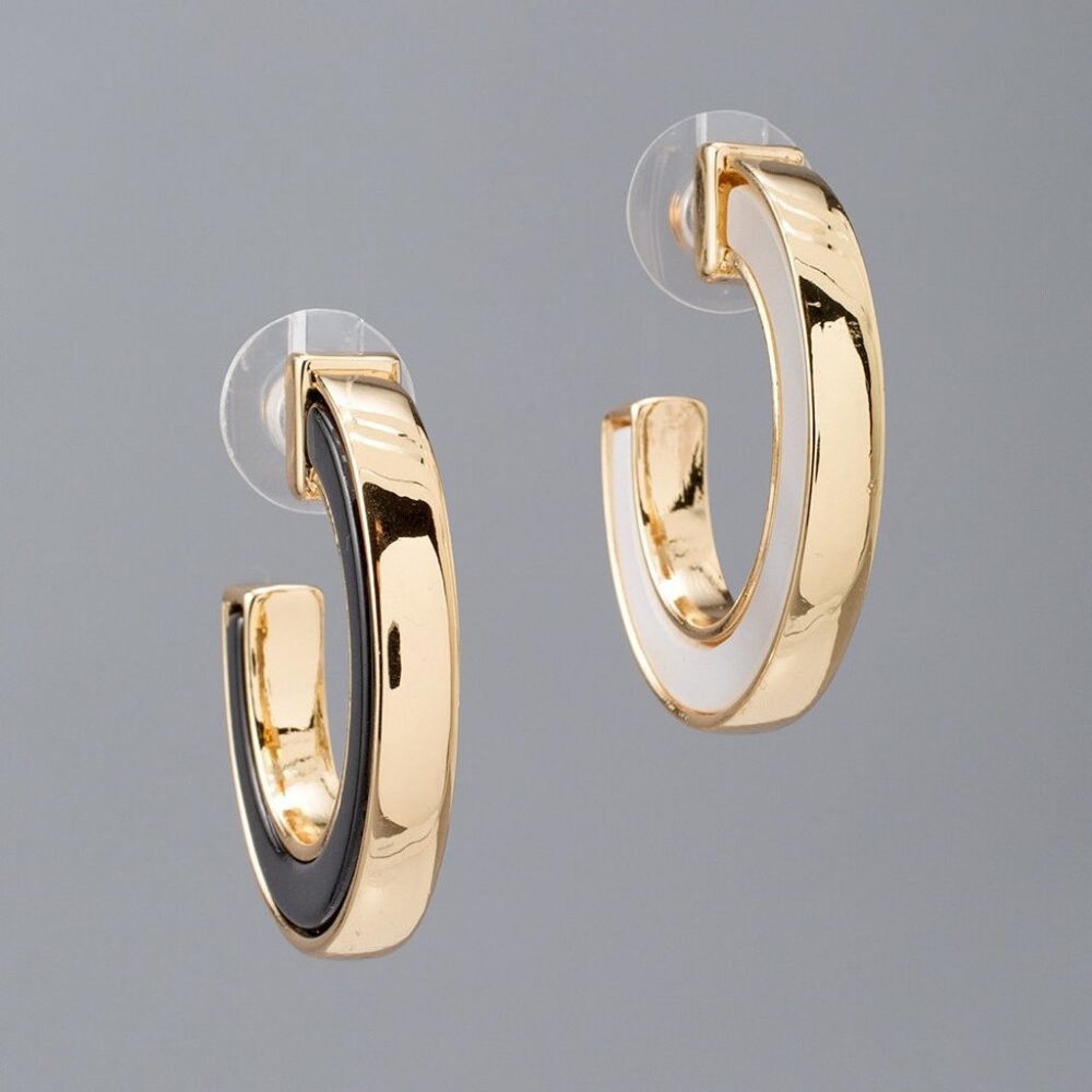 WHBM REVERSIBLE Black White Goldtone ONYX & Mother-Of-Pearl Hoop Earrings